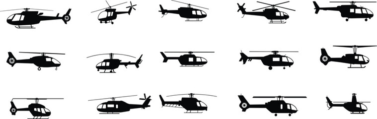 Helicopter silhouette collection, aviation aircraft vector, rotorcraft design set, military helicopter icons, transport aviation graphics, cad drawing flat vector illustration © Jui Creatives