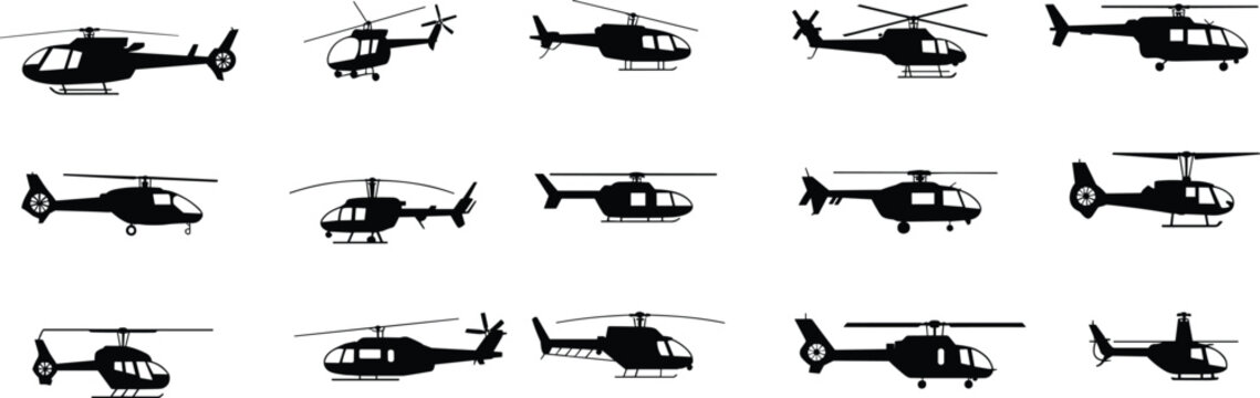 Helicopter silhouette collection, aviation aircraft vector, rotorcraft design set, military helicopter icons, transport aviation graphics, cad drawing flat vector illustration
