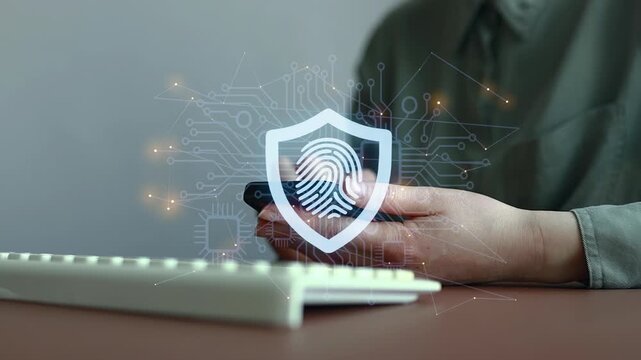 Hands hold a smartphone with security icon while a keyboard sits nearby on a wooden table during a work session in an office environment.