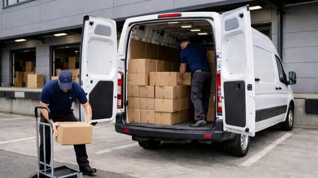 Workers unloading boxes from van outdoors. 
