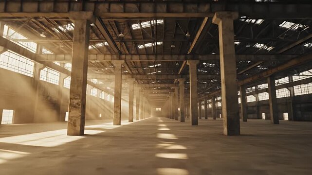 Interior view of a dilapidated industrial space, with sunlit beams, long perspective