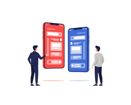 A/B Testing Mobile App UI Illustration with Two Smartphone Screens, Split Test Comparison, UX Design Experiment, Product Optimization, Conversion Rate Analysis, Prototype Review Flat Vector