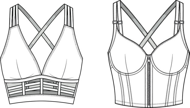 Women's sports bra with caged underband and zip-front corset bustier top technical fashion flat sketch vector illustration for apparel design.
