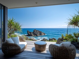 Obraz premium 青い海と岩場を望む開放的なテラスで過ごす南国リゾートのウッドデッキ風景