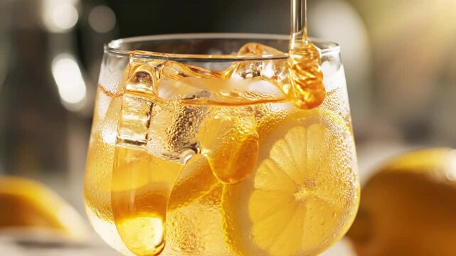 Refreshing Lemonade Cocktail Pouring with Ice Cubes and Fresh Lemon Slices in a Glass