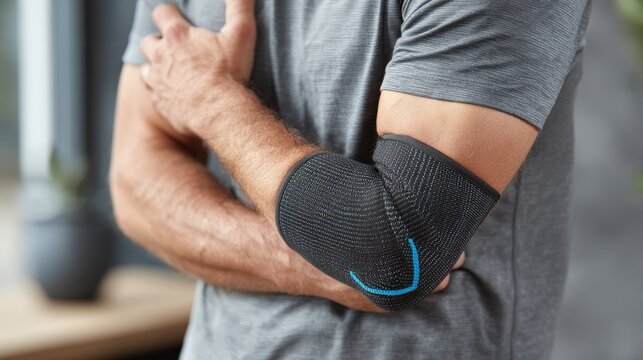 Patient using compression sleeve on elbow to manage pain and support joint stability during activity