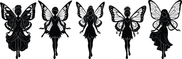 Collection of black fairy silhouettes featuring butterfly wings and long dresses, vector illustration isolated on white background for magic fantasy garden art design. © SHAUN