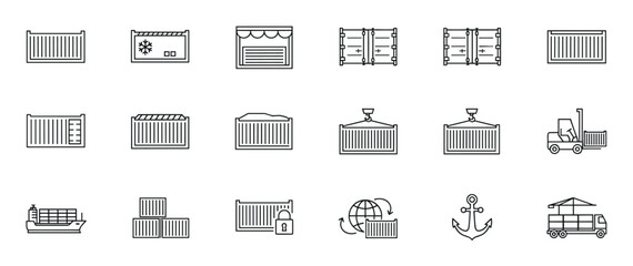 Shipping container and logistics line icon set featuring various cargo transport symbols such as a ship, truck, forklift, crane, and reefer for global trade concepts