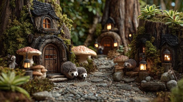 Miniature fairy village nestled in a lush forest scene, featuring glowing lights, mushroom houses, and adorable hedgehog figures