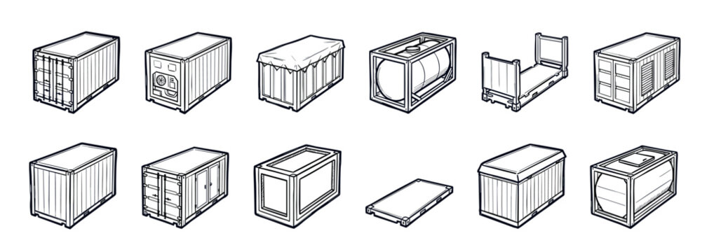 Collection of various intermodal shipping containers illustrated in a black and white line art style, showing different types like dry van, reefer, tank, and flat rack from an isometric view