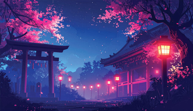 Traditional shrine glowing under lantern light and blossoms. Peaceful temple courtyard scene in magical evening mood. Oriental architecture artwork for cultural storytelling