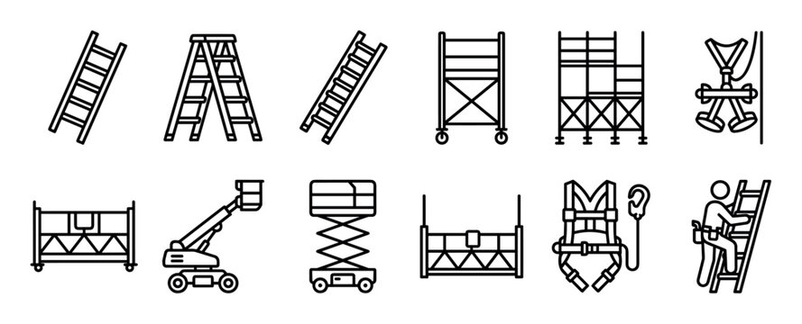 Set of construction work at height icons showing ladders, scaffolding, a safety harness, scissor lift, and aerial platforms in a clean black and white line art vector style