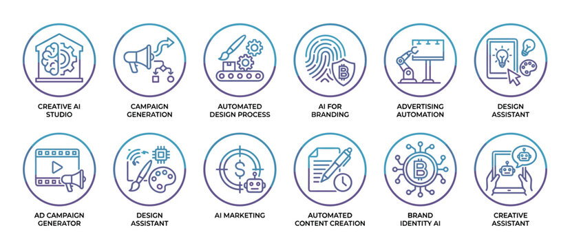 Set of twelve creative AI icons for marketing and design automation, featuring thin line art with a modern blue and purple gradient for technology concepts