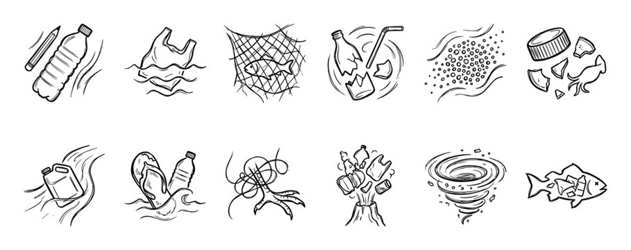 Set of hand-drawn pollution icons depicting plastic waste, marine debris, and environmental damage with sketches of bottles, bags, nets, and microplastics