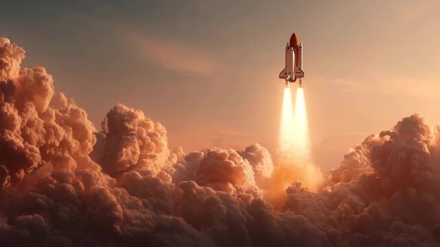Space shuttle launching into the sky with large clouds of smoke and flames
