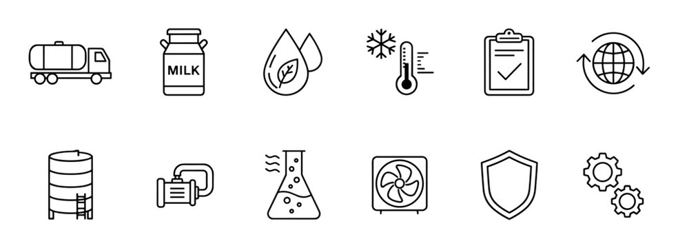 Dairy industry and milk production line icons showing a tanker truck, storage tank, laboratory flask, quality control checklist, and other symbols for manufacturing and logistics
