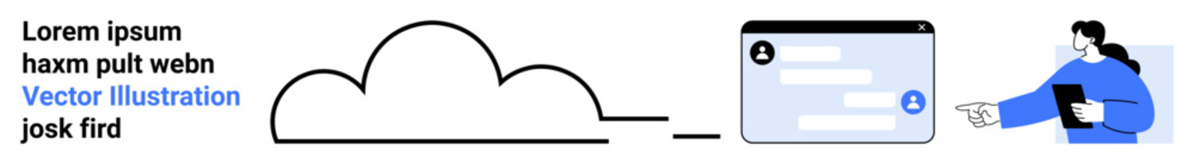 Obraz premium Cloud storage, data sharing, user interface, online communication, technology services, digital workflow. Cloud icon, data form and person interacting. Cloud storage and data sharing concept