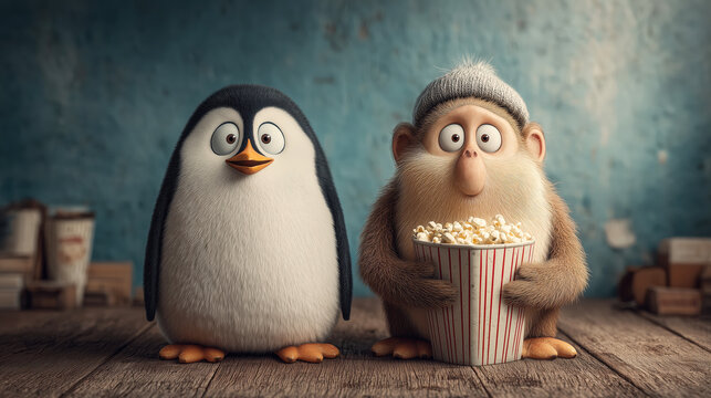 Cute penguin cartoon monkey big head popcorn cinema movie night cozy hat striped box blue wall wooden floor. Cute penguin and cartoon monkey with big head cinema eating popcorn, cozy mood