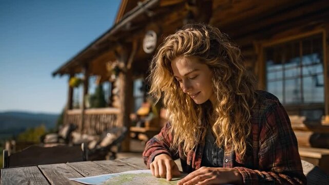  A young woman, hair flowing freely, absorbed in studying a map at a wooden table. A rustic cabin in the background hints at adventure and exploration.