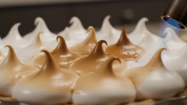 Close-up of a dessert being torched, with rows of white meringue peaks and partially browned ones