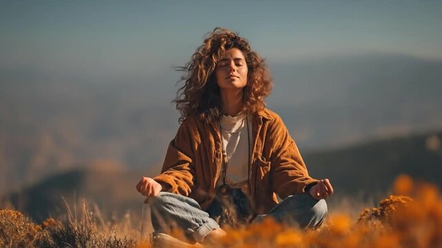  A woman sits peacefully in a meditative pose amidst a breathtaking natural landscape, embodying tranquility and inner peace. It's a visual ode to mindfulness, relaxation.