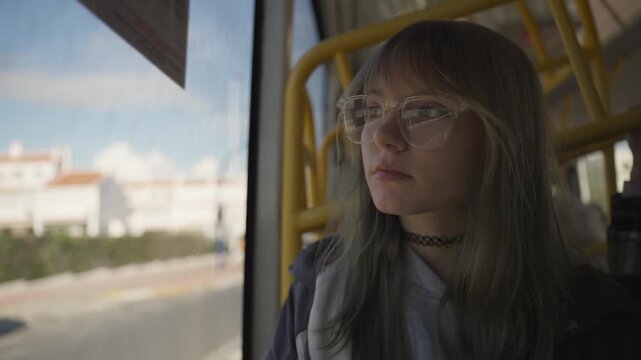 Teenager girl sit in city bus during family trip, calm and thoughtful mood. Safe public transport, childhood emotions, real family lifestyle in urban environment.