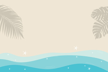 Summer beach scene, background design, vector illustration. Sea shore, waves, sandy beach, palm tree shadows and starfish. View from above. © Elena Khachatrian