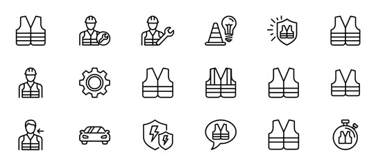 Fototapeta premium Collection of safety and construction line icons featuring a reflective vest, worker, hard hat, wrench, and other industrial symbols in a clean, minimalist outline style