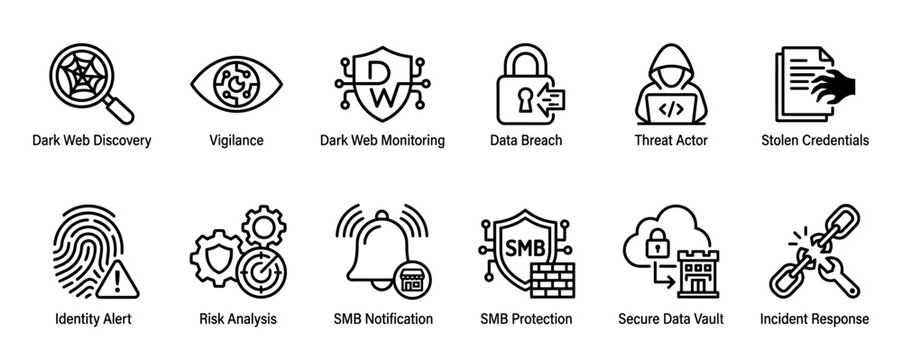 Set of black line icons representing cybersecurity and data protection concepts, including symbols for dark web monitoring, threat actor, data breach, and incident response