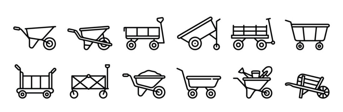 Collection of wheelbarrow and cart icons in a minimalist line art style, showcasing various gardening, farming, and construction transport tools like trolleys and wagons