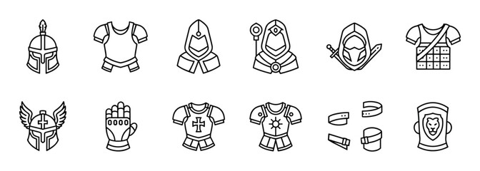 Obraz premium Black and white fantasy armor icon set for video games, featuring various line art illustrations of helmets, breastplates, gauntlets, and hoods for warrior and wizard characters
