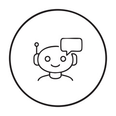 Obraz premium Chatbot line vector icon representing artificial intelligence and automated customer support. Smiling AI assistant with speech bubble in outline style, symbolizing online help, virtual assistant, mess
