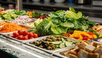 Obraz na płótnie Canvas Closeup of a salad bar in a buffet with vibrant greens and toppings in the foreground while the background remains softly out of focus highlighting freshness.