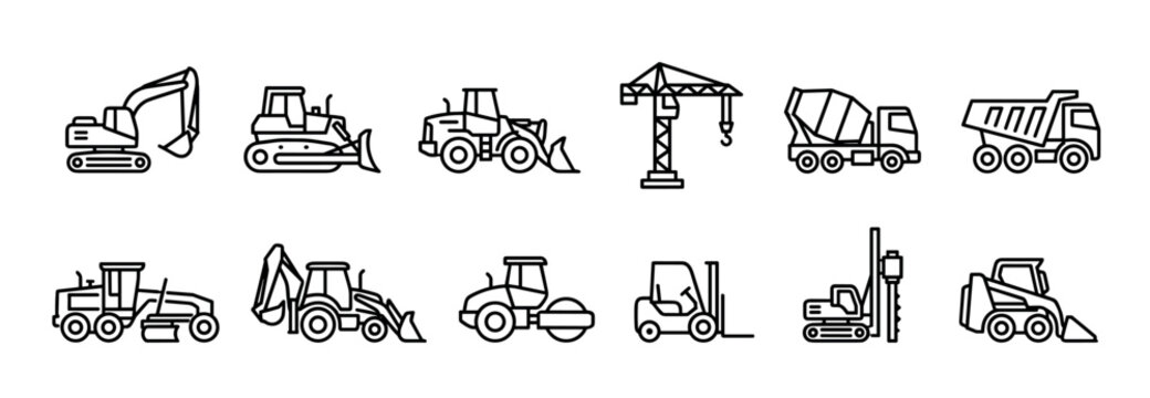 Collection of construction vehicle line icons including an excavator, bulldozer, crane, and dump truck, presented in a clean, minimalist black outline graphic style for industrial themes