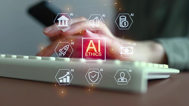 Discussion of AI ethics on digital devices with various icons representing ethical concerns and technology themes.
