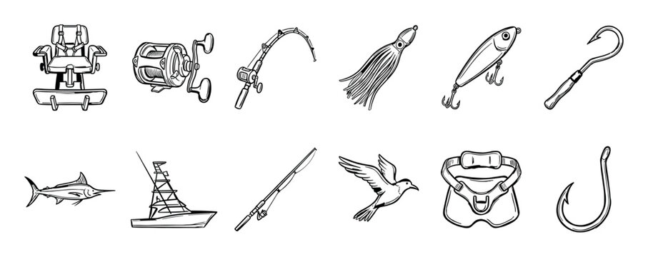 Collection of black and white fishing equipment icons showing a sportfishing boat, marlin, fighting chair, trolling reel, rod, lures, and hooks in a hand-drawn sketch illustration style
