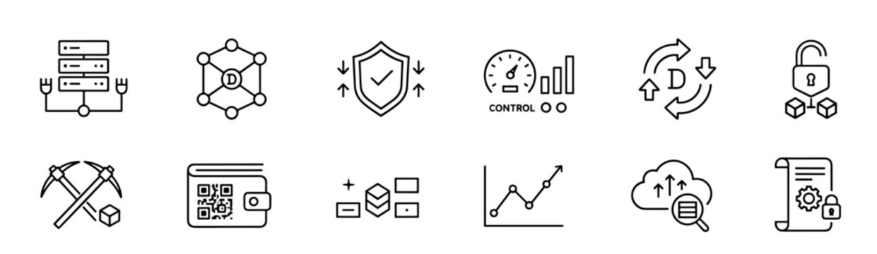 Collection of minimalist black line icons illustrating blockchain and cryptocurrency themes like decentralized networks, data mining, security, digital wallets, and smart contracts