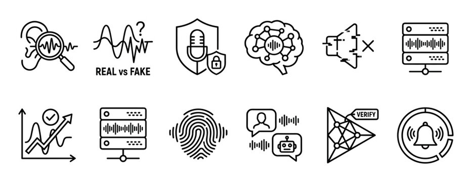 Voice technology and AI security icon set showing deepfake detection, biometric verification, audio analysis, and neural network processing in a minimalist linear style