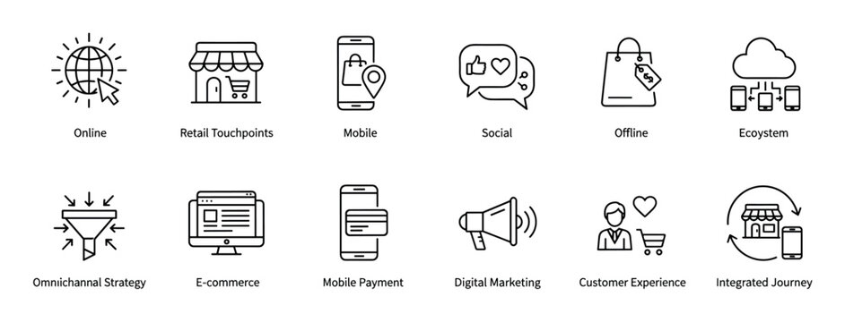 Omnichannel marketing and e-commerce line icon set illustrating concepts like retail touchpoints, mobile payment, customer experience, and digital strategy for business presentations
