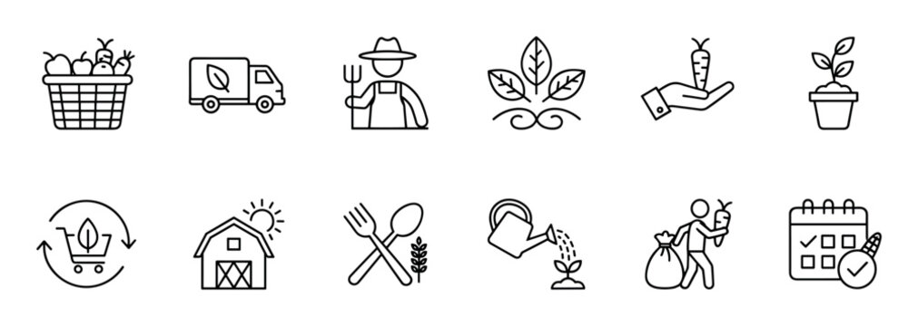 Set of farming and agriculture line icons representing organic food production, harvesting, eco delivery, and sustainable consumption in a minimalist black outline vector style