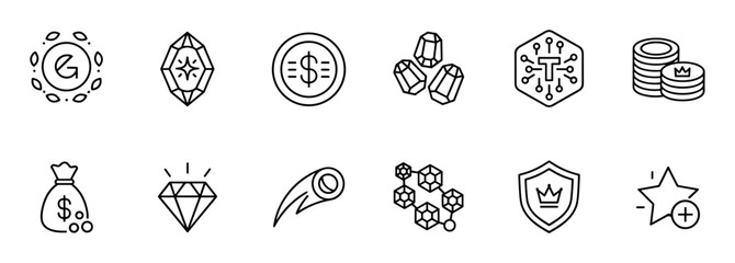 Fototapeta premium Collection of black line art icons representing finance, gaming rewards, and digital assets, including symbols for coins, gems, tokens, and achievements for user interface design