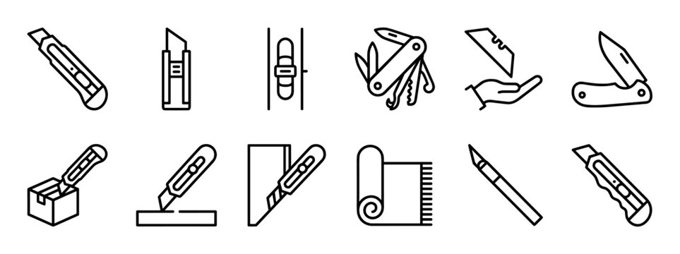 Cutter knife and utility blade icon set in a minimalist line art style showing various tools like box cutters, scalpels, and multi-tools for different cutting applications