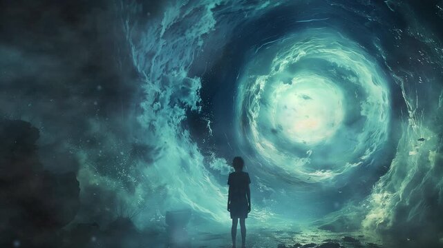 Girl stands before massive swirling vortex water clouds video LoFi animation. Surreal dreamscape abyss. Animated Lo-Fi aesthetic 4K clip motion graphics with floating dust particles