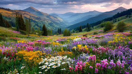 Obraz premium Wildflower meadow colorful bloom sunrise light mountain valley rolling hill pine tree summer landscape pink flower yellow flower white daisy serene mood soft sky lush grass alpine slope distant
