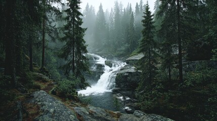 Rocky waterfall nestled in the dense forests of Scandinavia surrounded by tall fir trees and misty air