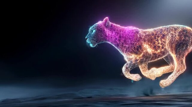 Neon holographic panther sprinting in dark mist with glowing particle trail and color shift