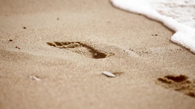 Woman footprint fading in sandy beach as gentle wave washes away marks