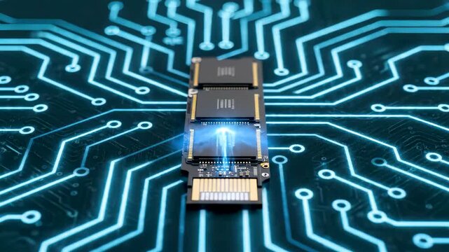Macro Shot Of Mechanical Hard Drive Transforming Into Slim M.2 NVMe SSD With Black Chips And Pulsing Blue Light For Data Speed