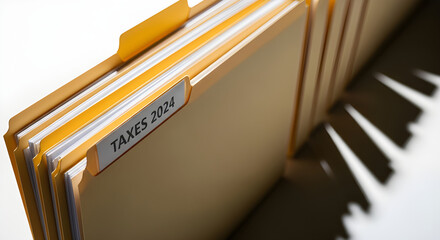 A row of open metal folders on an office shelf contains paper documents organized alongside a business laptop and modern computer technology
