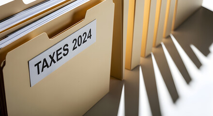 Tax filing folders concept for 2024 tax season. Illustrating tax documents management with shadow and light effect